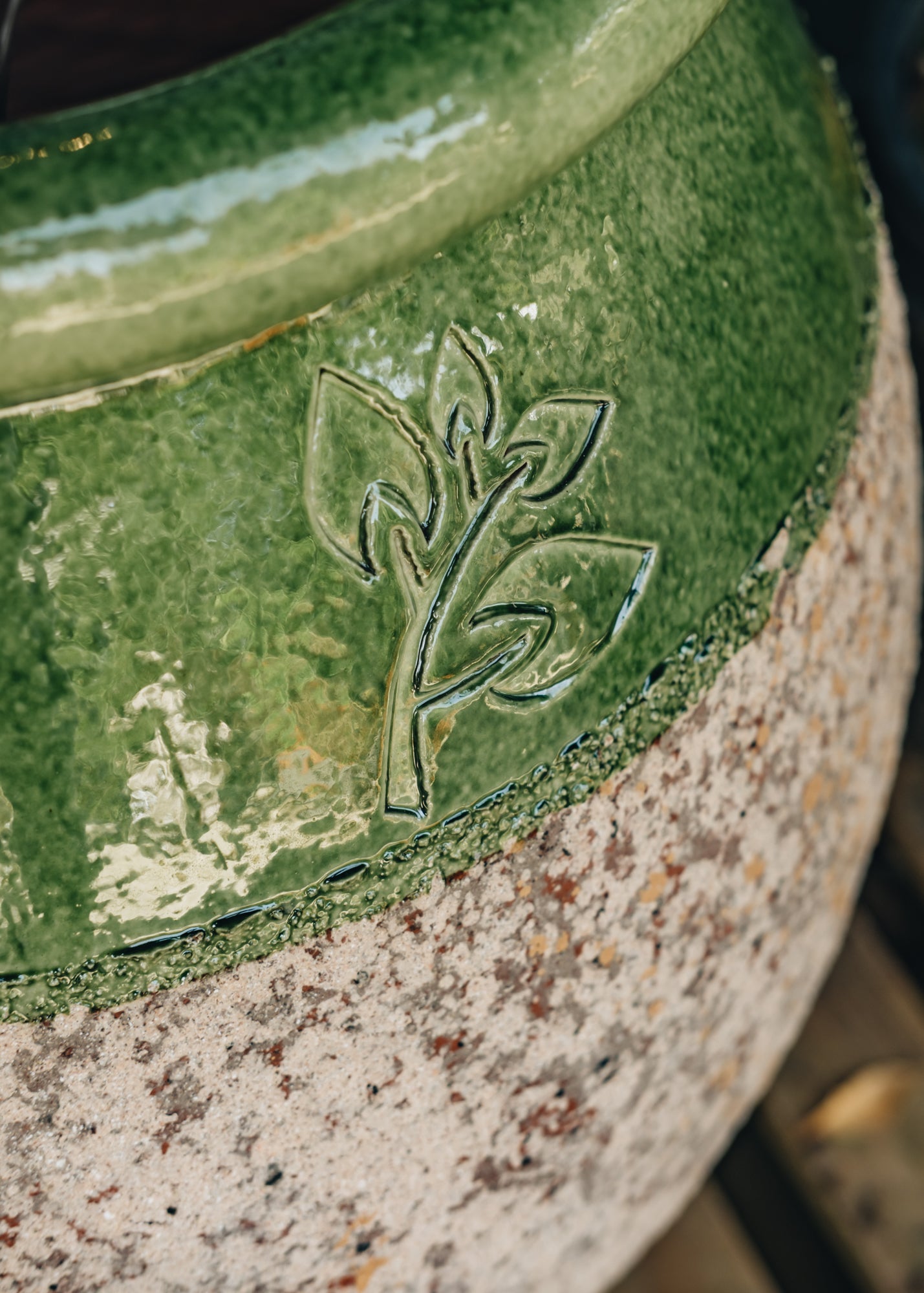 Terres D'Albine Olive Pot with Green Neck with Burford Leaf Stamp, 60cm