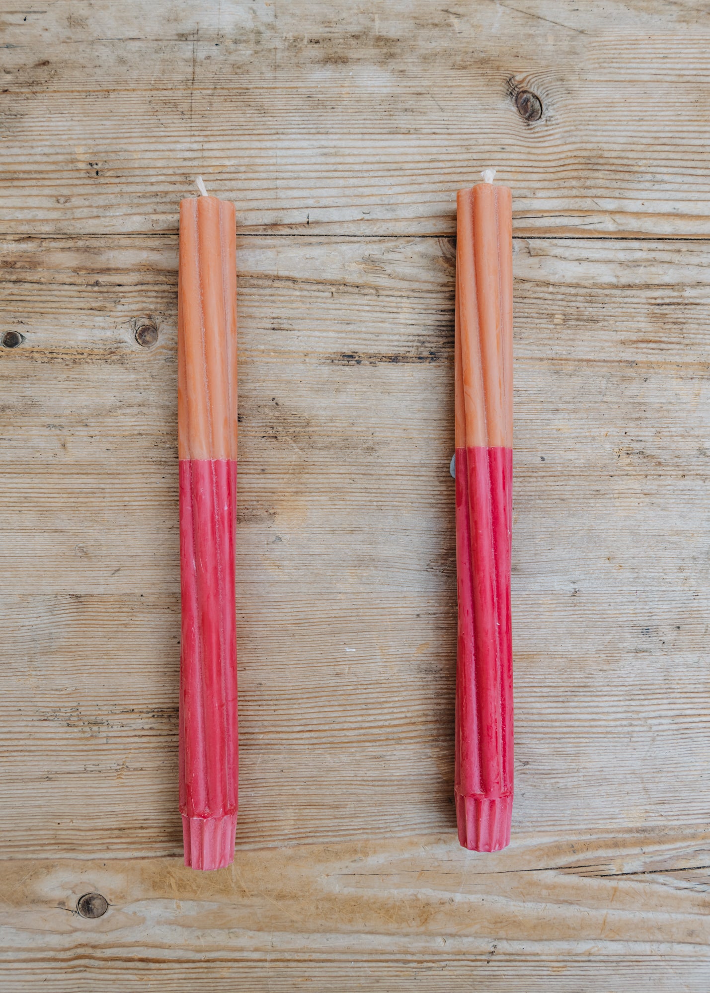 Twisted Dinner Candles in Marigold and Oriental Red, pack of two