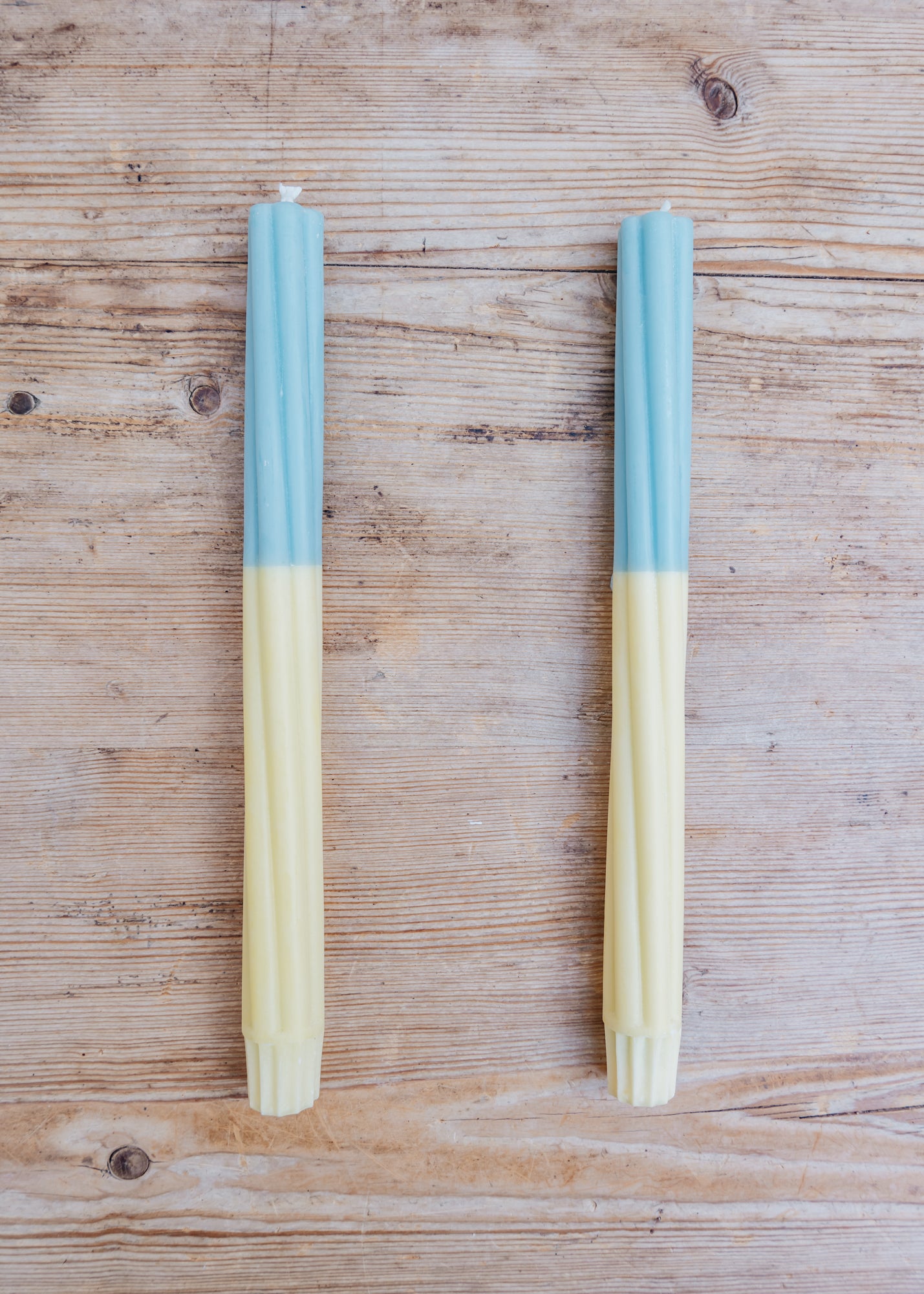 Twisted Dinner Candles in Striped Powder Blue and Jasmine, pack of two