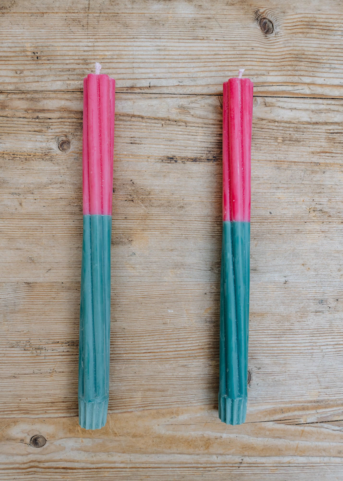 Twisted Dinner Candles in Striped Neyron Rose and Beryl Green, pack of two