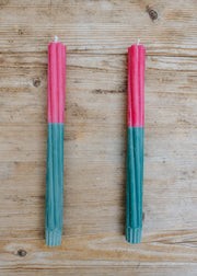 Twisted Dinner Candles in Striped Neyron Rose and Beryl Green, pack of two