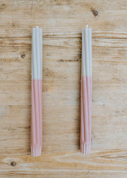 Twisted Dinner Candles in Striped Old Rose and Cool Grey, pack of two