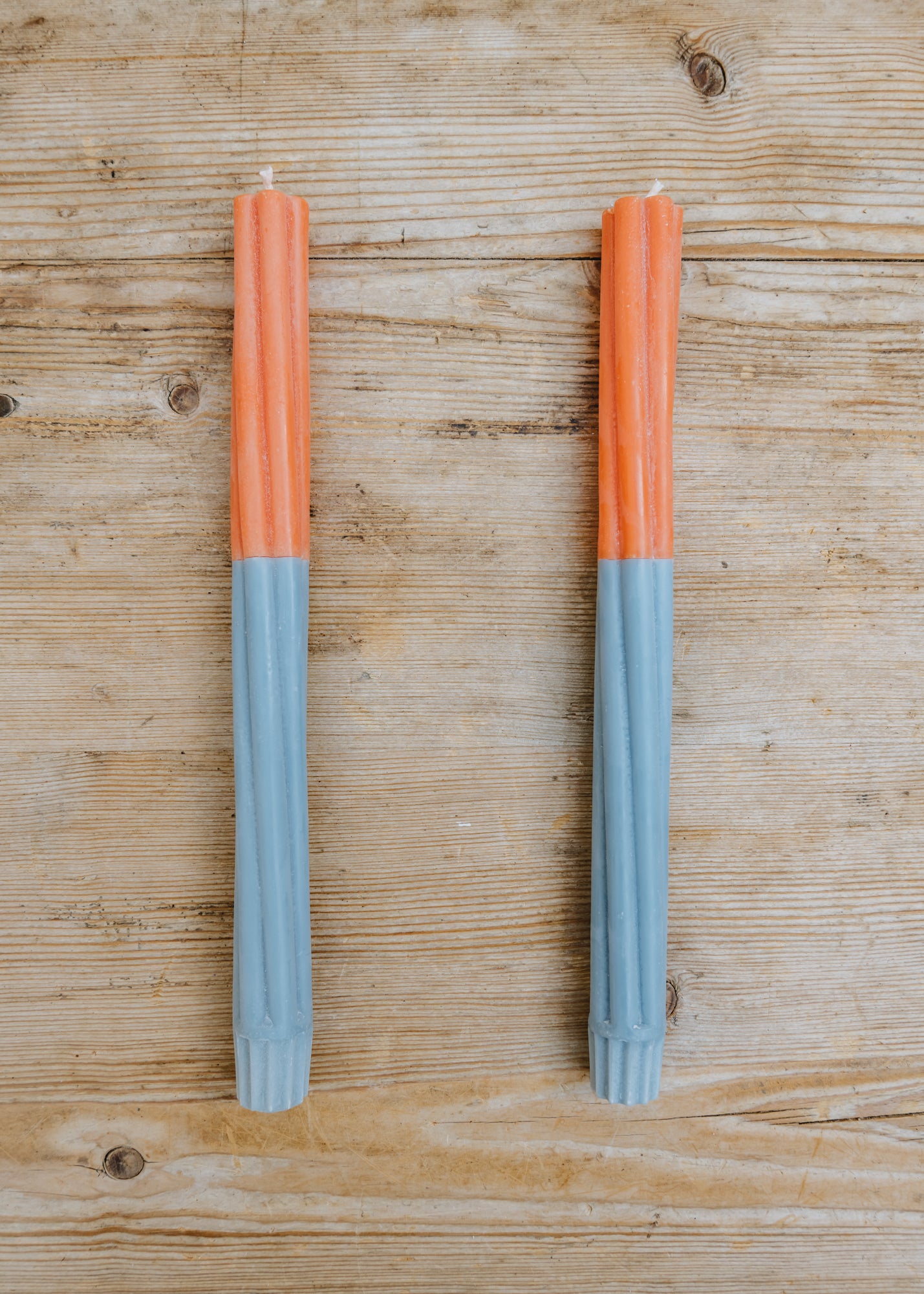 Twisted Dinner Candles in Striped Orange Flame and Moonstone, pack of two