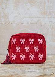 Dazzling Bows Velvet Wash Bag in Rouge