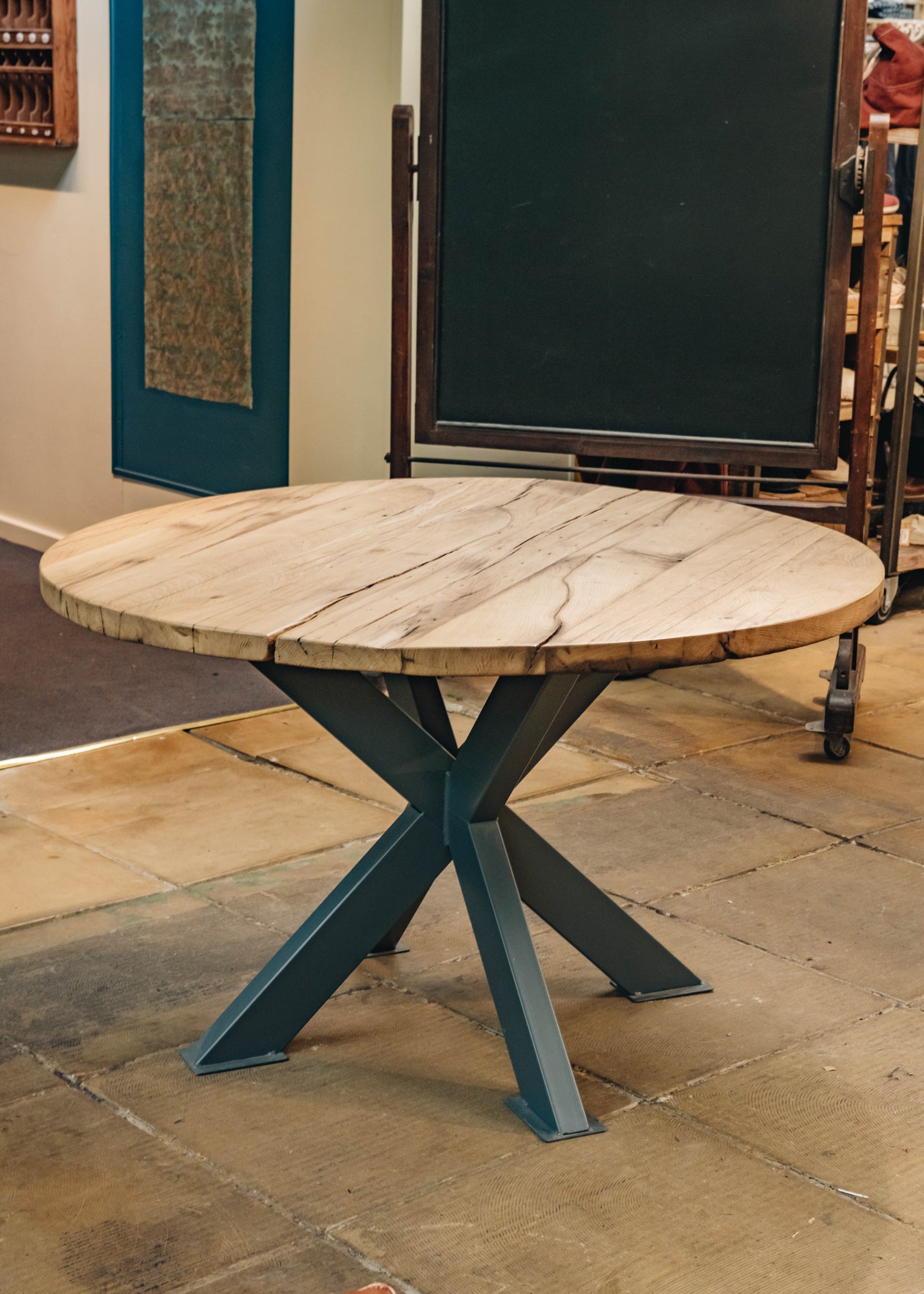 Weathered Oak Round Loft Table with Metal Base