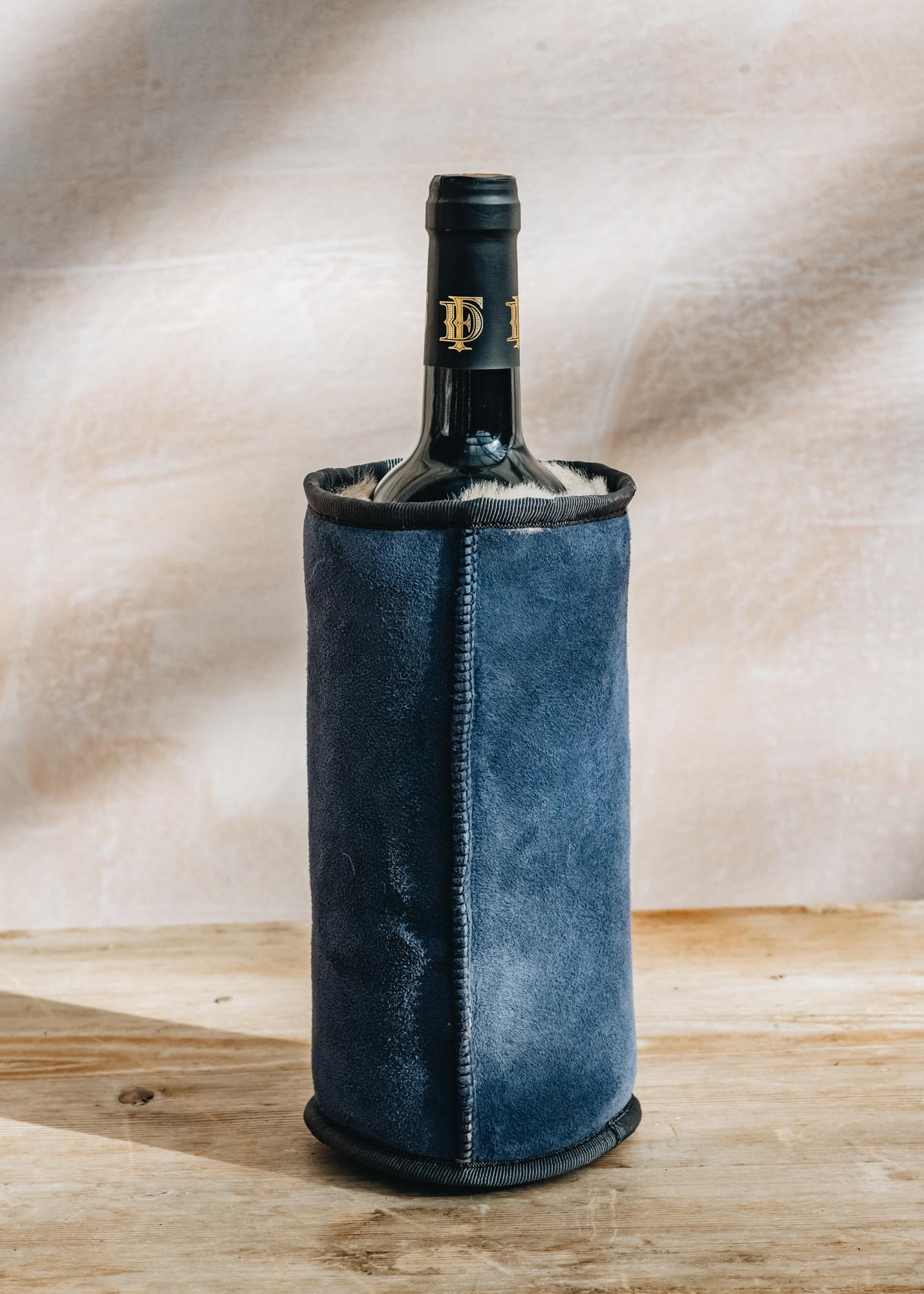 KYWIE Sheepskin Wine Cooler in Blue Suede