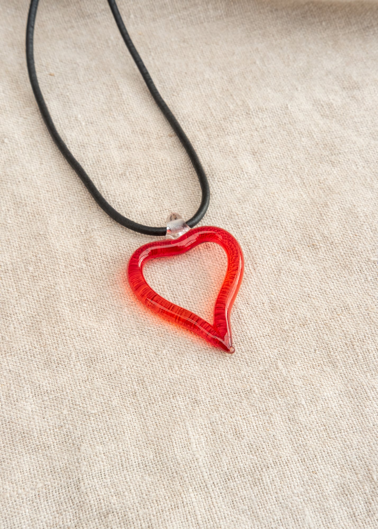 Extra Large Heart of Glass Necklace in Red with Black Leather Cord
