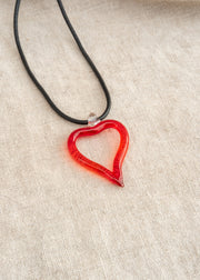 Extra Large Heart of Glass Necklace in Red with Black Leather Cord
